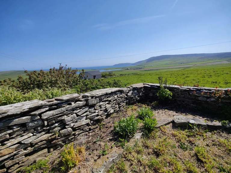 View over a stone garden wall towards green fields and the Rousay coast