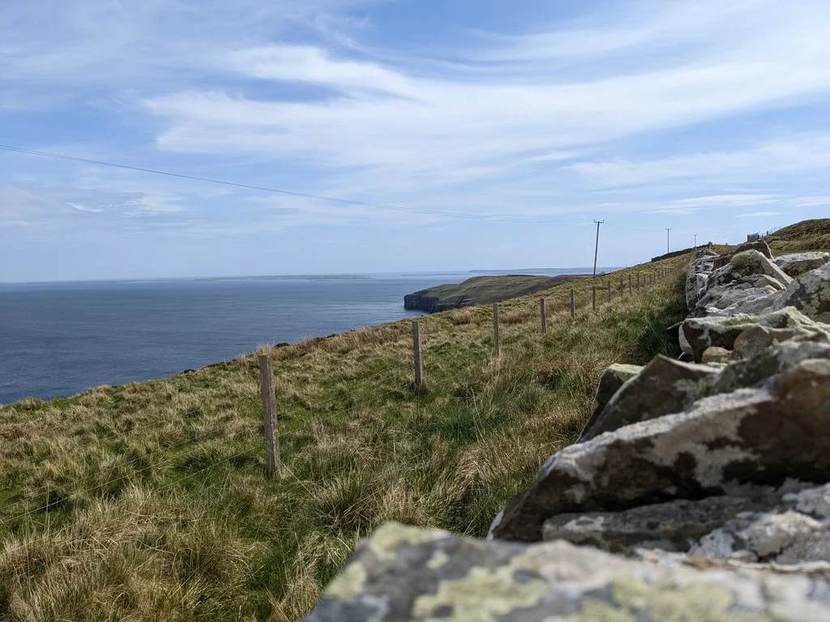 A dry stone wall beside the Rousay coastline, with Faraclett Head in the distance